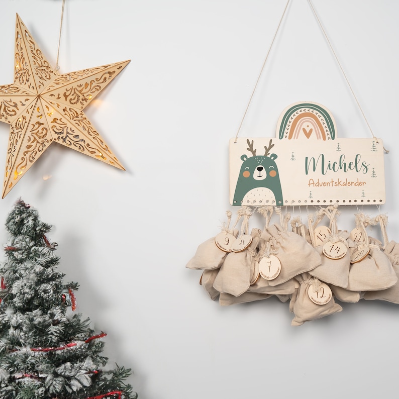 Personalisierter Adventskalender mit Name, Weihnachten, Adventskalender aus Holz, Advent, Jutesäckchen, Adventskalender zum befüllen, Kinder Bild 5