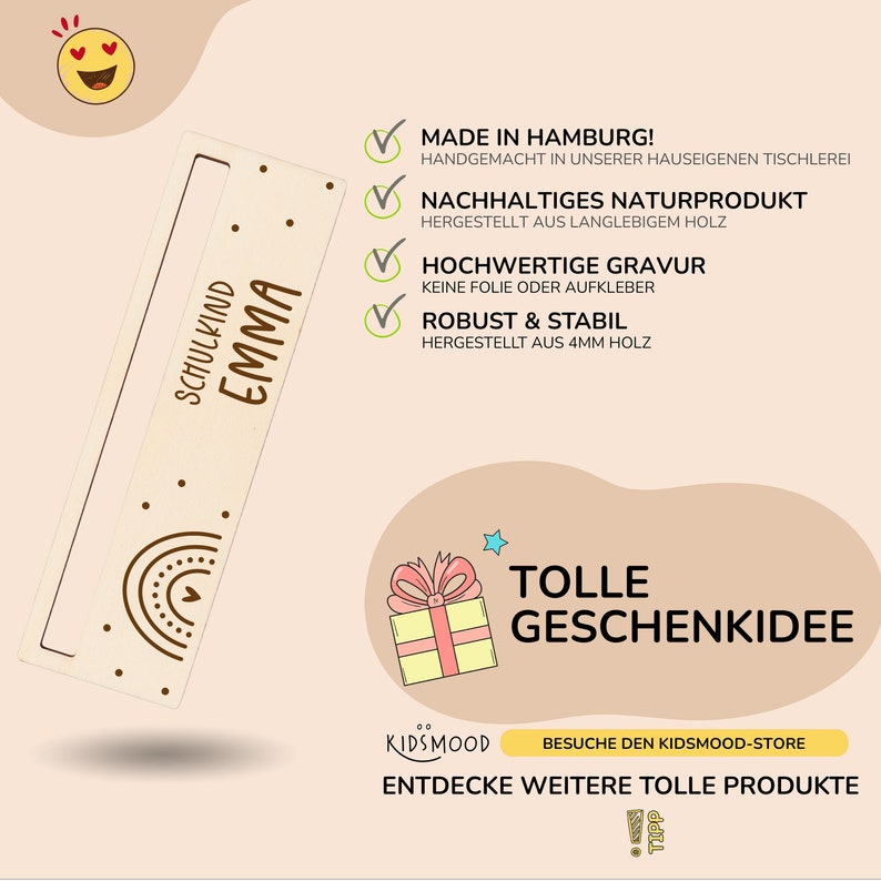 May include: A personalized wooden schoolchild name tag with a rainbow design. The tag is made in Hamburg, Germany and is a sustainable natural product. The text on the tag reads "Schulkind Emma".