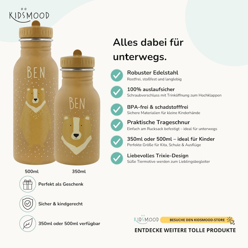 Trinkflasche Kindergarten und Schule personalisiert mit Name, ideal fürs Kita-Fach und den Rucksack