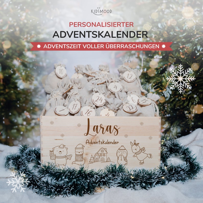 Personalisierter Adventskalender mit Name, Weihnachten, Adventskalender aus Holz, Advent, Jutesäckchen, Adventskiste zum befüllen, Kinder Bild 2