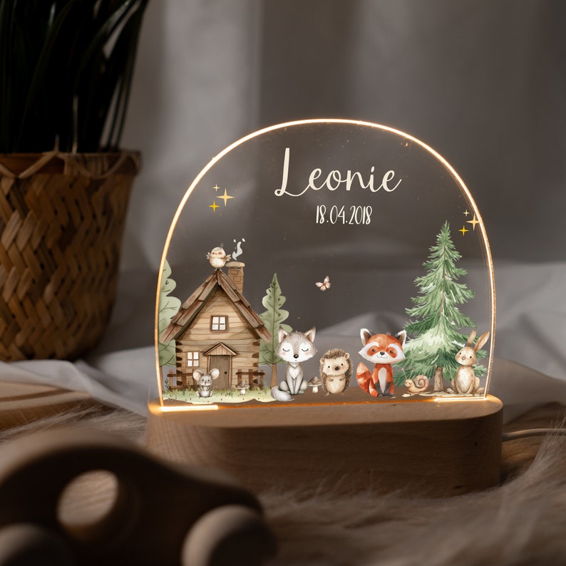 Lampada LED personalizzata per la cameretta dei bambini con animali del bosco, luce notturna in acrilico sostenibile, regalo per nascita o battesimo, Made in Hamburg immagine 9