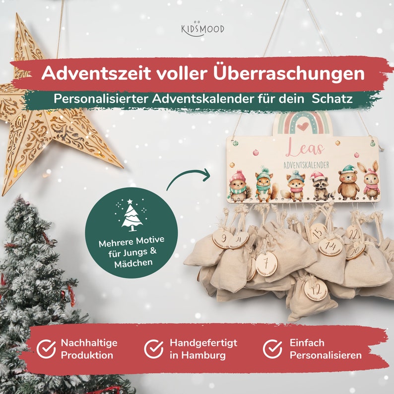 Gepersonaliseerde adventskalender met naam, Kerstmis, houten adventskalender, advent, jute tas, adventskalender om te vullen, kinderen afbeelding 5