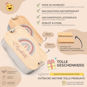Może przedstawiać: Spersonalizowana bambusowa lunchbox z wzorem tęczy i nadrukowanym imieniem "Elisabeth". Lunchbox jest produkowana w Hamburgu w Niemczech i dostępna w dw&oacute;ch rozmiarach: 750 ml (17,5 x 9,5 x 5 x 4 cm) i 1100 ml (18,5 x 11 x 5 x 4 cm). Lunchbox jest wykonana z trwałego bambusa i nadaje się do mycia w zmywarce.
