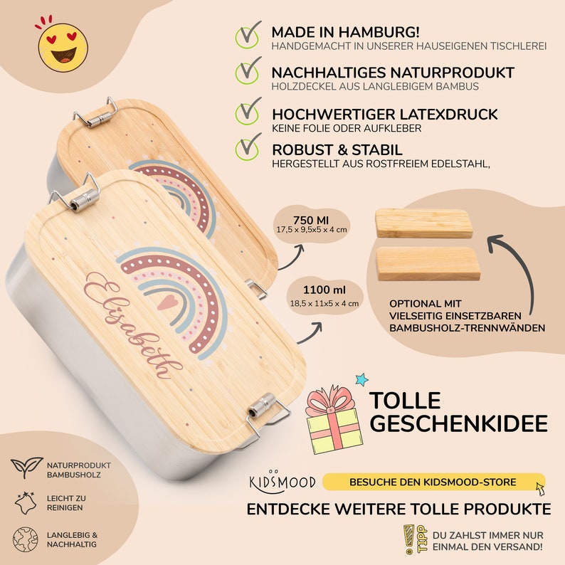 Może przedstawiać: Spersonalizowana bambusowa lunchbox z wzorem tęczy i nadrukowanym imieniem "Elisabeth". Lunchbox jest produkowana w Hamburgu w Niemczech i dostępna w dw&oacute;ch rozmiarach: 750 ml (17,5 x 9,5 x 5 x 4 cm) i 1100 ml (18,5 x 11 x 5 x 4 cm). Lunchbox jest wykonana z trwałego bambusa i nadaje się do mycia w zmywarce.