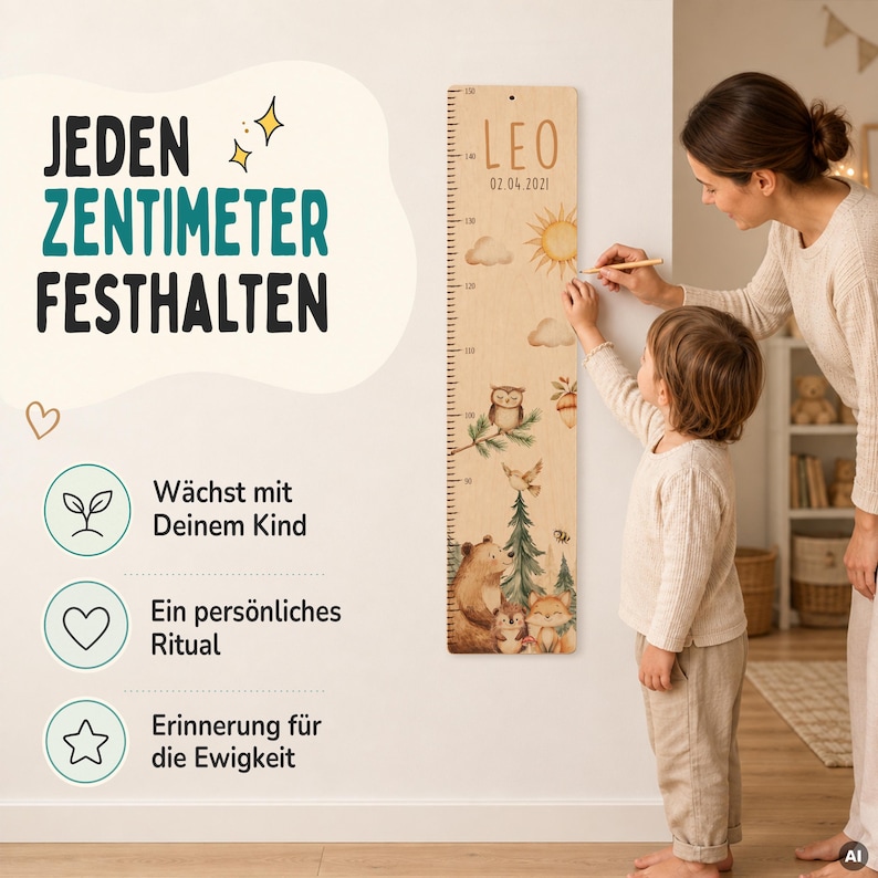 May include: A wooden growth chart featuring a printed scale and illustrations of a bear, fox, owl, and forest elements. The board is personalized with the name LEO and the date 02.04.2021. Text on the left reads JEDEN ZENTIMETER FESTHALTEN.