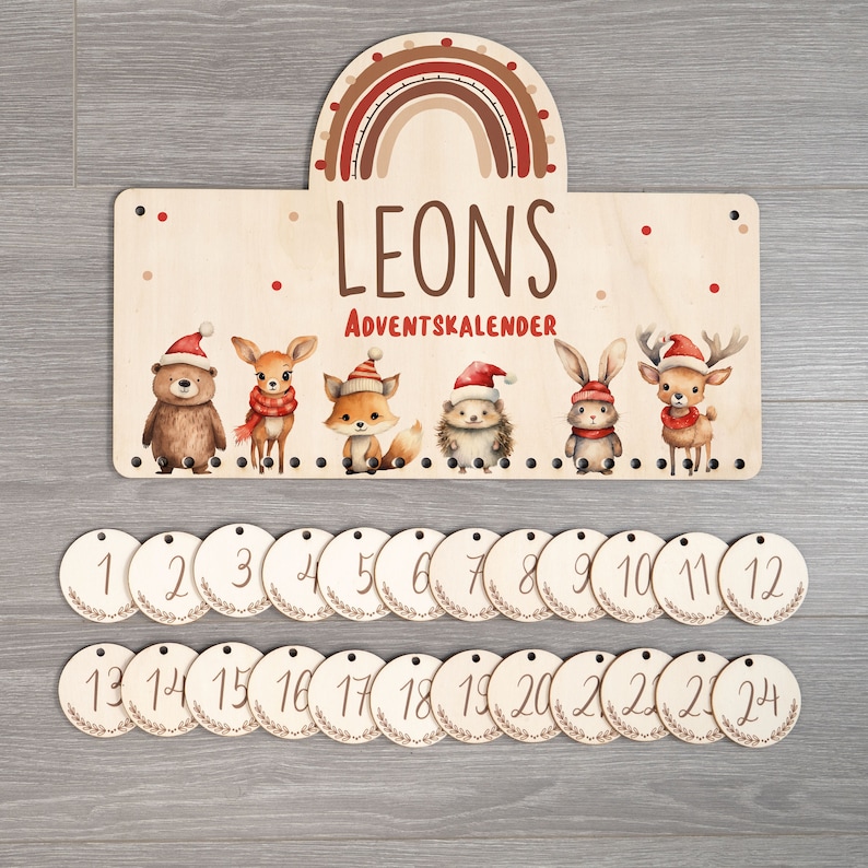 Personalisierter Adventskalender mit Name, Weihnachten, Adventskalender aus Holz, Advent, Jutesäckchen, Adventskalender zum befüllen, Kinder Holzschild + Zahlen