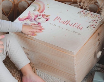 Gepersonaliseerde houten babyherinneringsdoos met eenhoornmotief – kraamcadeau, doopcadeau voor jongens en meisjes, bewaardoos met naam