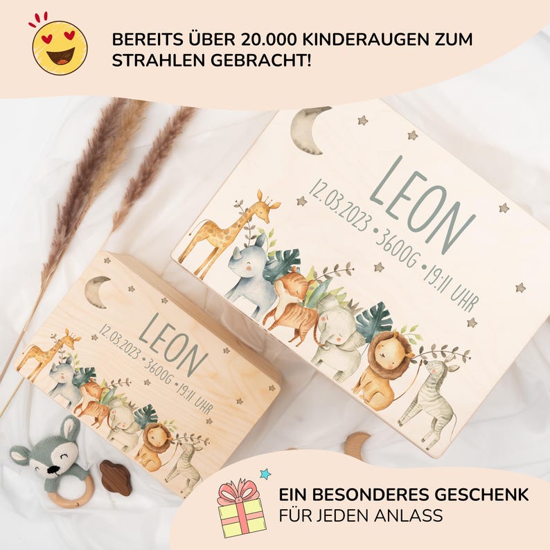 May include: Two wooden boxes with a light wood finish and a whimsical jungle animal design. The boxes are personalized with the name "LEON" and the date "12.03.2023 - 3600g - 19:11 UHR". The boxes are perfect for storing keepsakes or gifts.