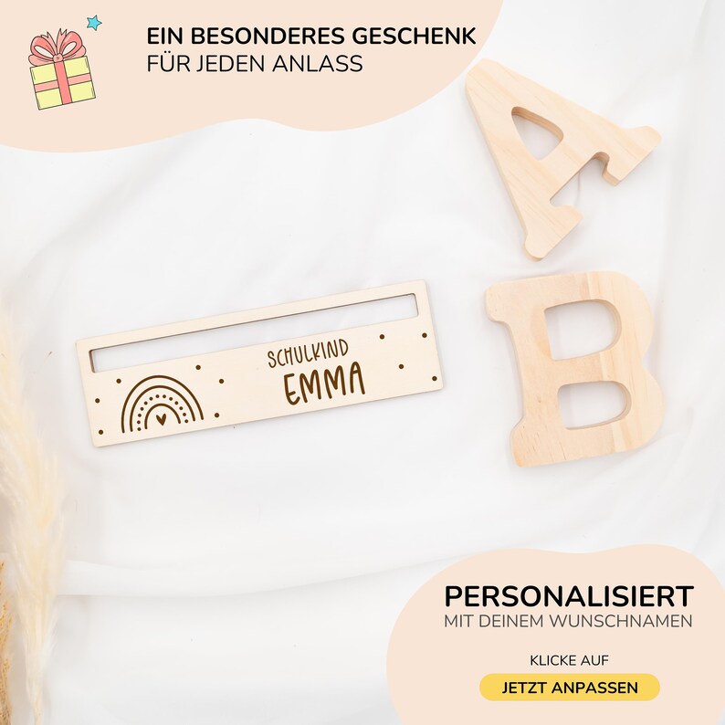 May include: A personalized wooden sign with a rainbow and heart design. The sign says "Schulkind Emma" and is a great gift for a child starting school.