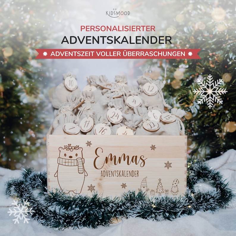 Calendrier de l'Avent personnalisé avec nom, Noël, calendrier de l'Avent en bois, Avent, sac en jute, boîte de l'Avent à remplir, enfants image 2