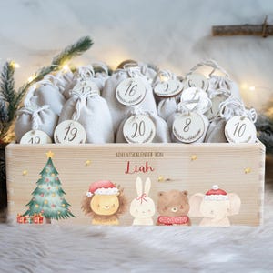 Calendario dell'Avvento personalizzato con nome, Natale, calendario dell'Avvento in legno, Avvento, sacchetto di juta, scatola dell'Avvento da riempire, bambini