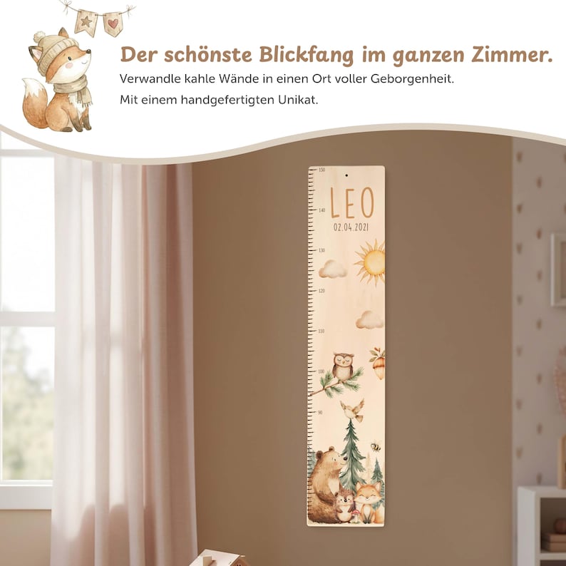May include: A wooden height chart featuring a printed scale from 50 to 150 cm, the name LEO, and the date 02.04.2021. The design includes watercolor illustrations of a sun, clouds, an owl, a bear, a hedgehog, and a fox among trees.