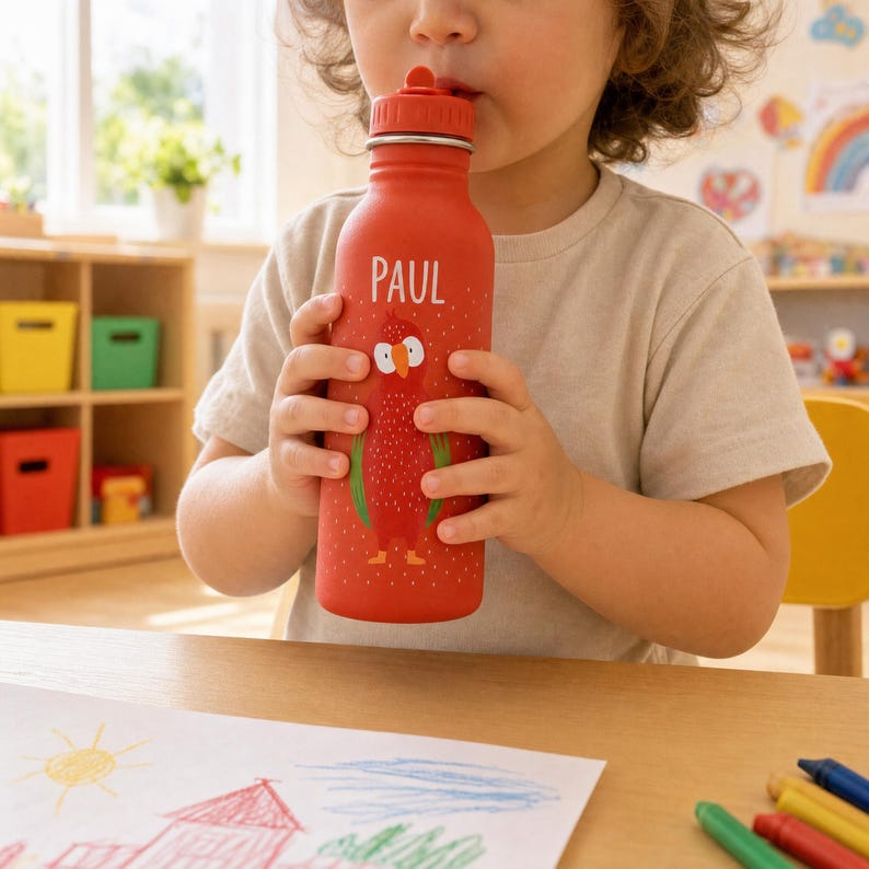 Trixie Tiermotiv im Detail auf der Kinder-Trinkflasche, süßes Design mit Namensgravur