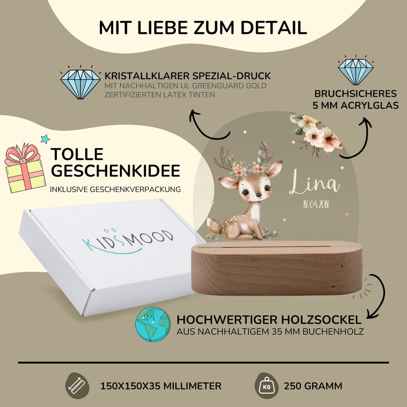 Op de afbeelding: Een gepersonaliseerde houten plaquette met een hert-illustratie en de naam "Lina" en de datum "18.04.2018". De plaquette is 150x150x35 millimeter en weegt 250 gram. Het is gemaakt van hoogwaardig hout en voorzien van een 5 mm dik acryl glaspaneel. Het ontwerp is gedrukt met een speciaal proces dat gebruik maakt van UL GreenGuard Gold gecertificeerde latex inkten.