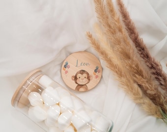 Glazen voorraadpot met houten deksel, schattige voorraadpot met dierenmotieven, gepersonaliseerde koekjestrommel voor kinderen, verjaardagscadeau