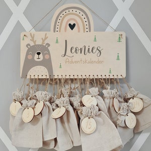 Calendario dell'Avvento personalizzato con nome, Natale, calendario dell'Avvento in legno, Avvento, sacchetto di juta, calendario dell'Avvento da riempire, bambini