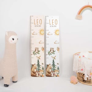 May include: Two vertical wooden growth charts featuring the name LEO and the date 02.04.2021. The charts display a metric scale up to 150 cm, decorated with watercolor illustrations of a sun, clouds, an owl, a bear, and a fox.