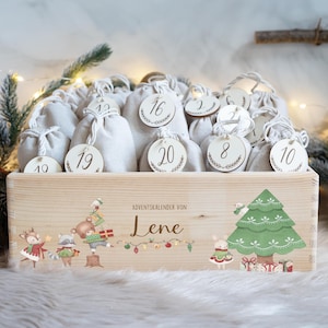 Calendario dell'Avvento personalizzato con nome, Natale, calendario dell'Avvento in legno, Avvento, sacchetto di juta, scatola dell'Avvento da riempire, bambini