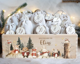 Gepersonaliseerde Adventskalender met naam, Kerstmis, houten Adventskalender, Advent, jute tas, Adventsdoos om te vullen, kinderen