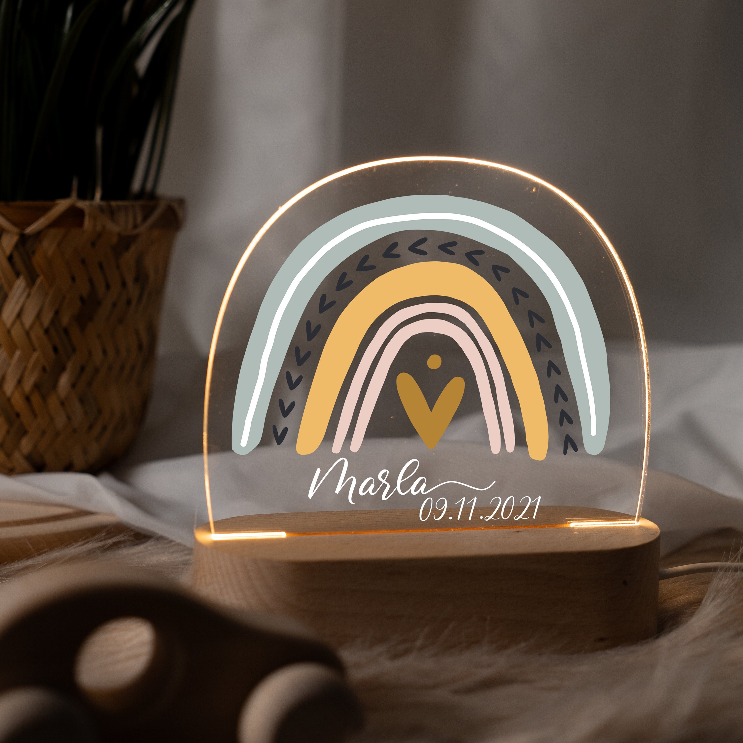 Lámpara de noche arcoiris personalizada hecha de acrílico, regalo de nacimiento de bebé, regalo de bautizo, habitación infantil, regalo de cumpleaños, lámpara de noche