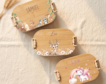 Brotdose Kinder personalisiert mit Name & Motiv, 3 Farben, Bambus-Deckel | Lunchbox Kindergarten Schule, Brotbox mit Namen, Einschulung