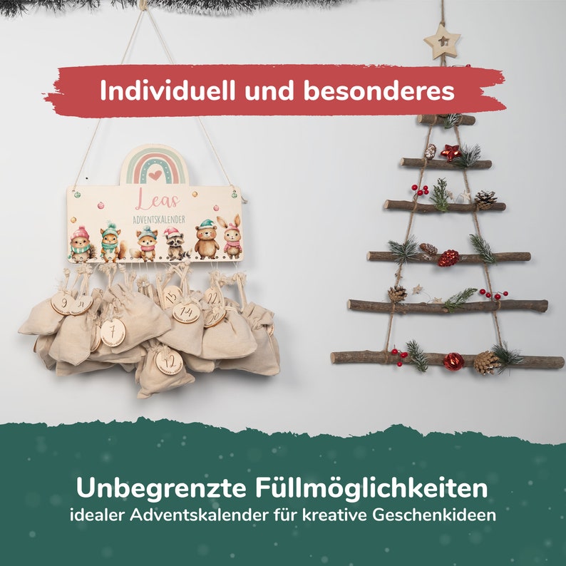 Calendrier de l'Avent personnalisé avec nom, Noël, calendrier de l'Avent en bois, Avent, sac en jute, calendrier de l'Avent à remplir, enfants image 2