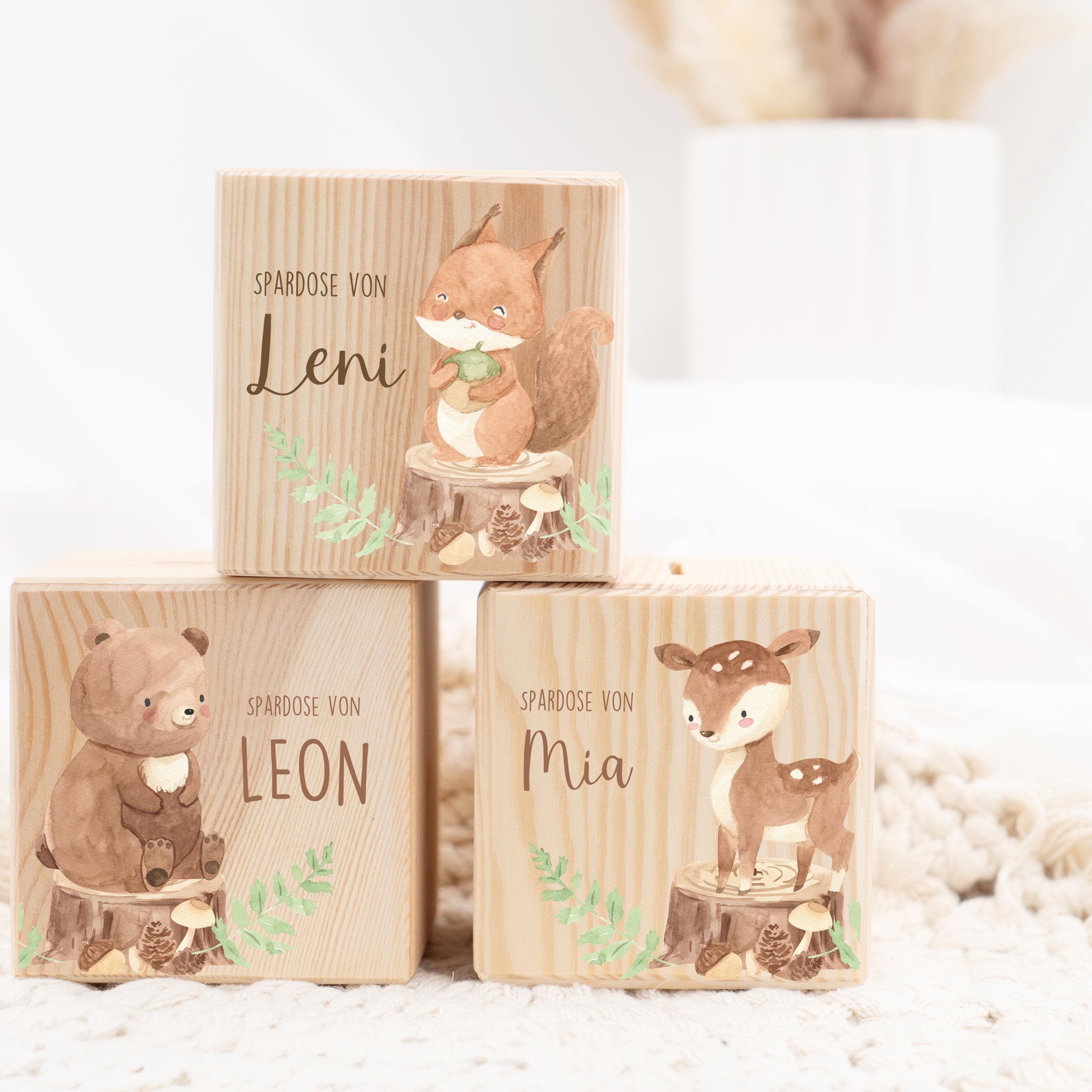 Spardose personalisiert aus Holz mit Namen und Tiermotiv, Geschenk zur Taufe & Geburt, Weihnachtsgeschenk