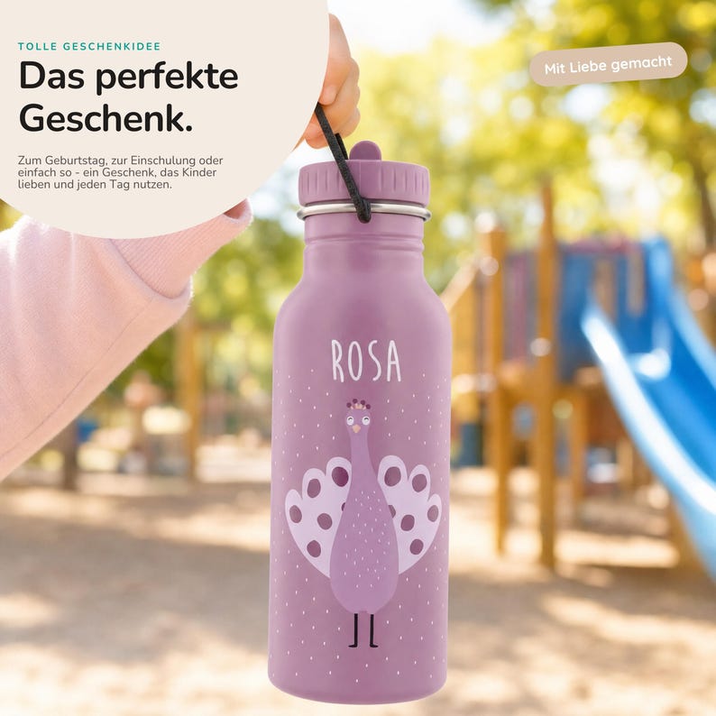 350 ml Kinder-Trinkflasche mit Trageschnur aus Edelstahl, personalisiert mit Wunschname