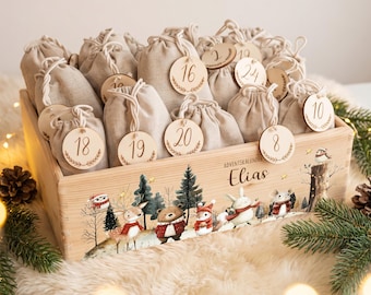 Calendrier de l'Avent personnalisé avec prénom, Noël, calendrier de l'Avent en bois, Avent, sacs en jute, boîte de l'Avent à remplir, enfants