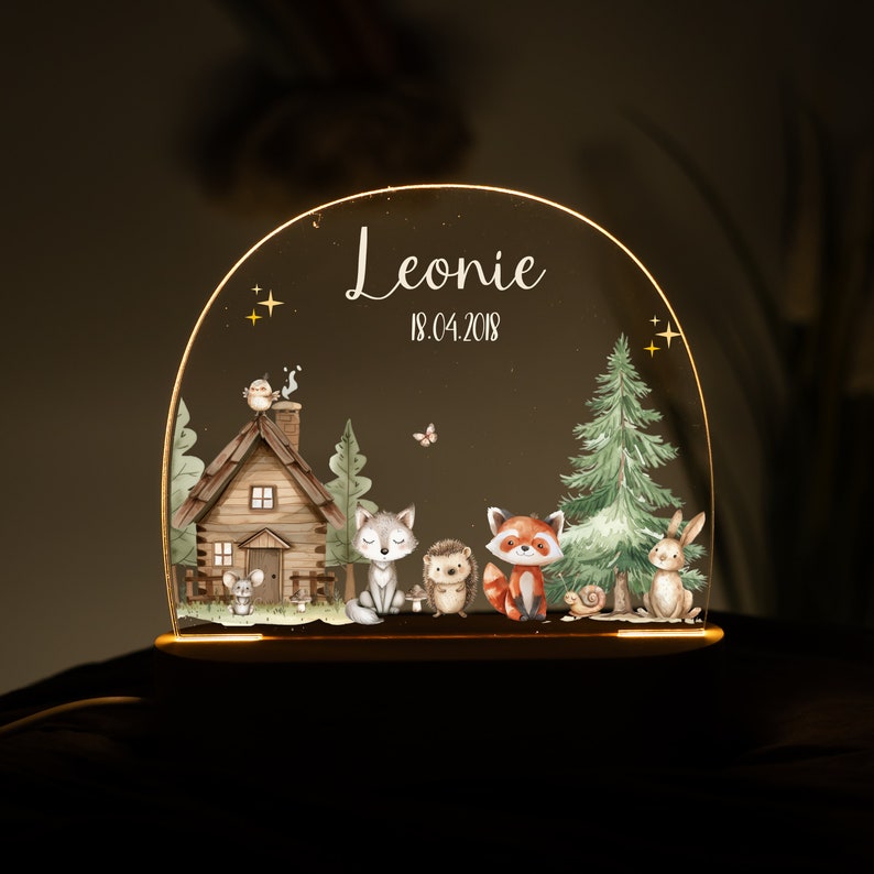 Lampada LED personalizzata per la cameretta dei bambini con animali del bosco, luce notturna in acrilico sostenibile, regalo per nascita o battesimo, Made in Hamburg immagine 8