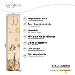 May include: A wooden growth chart measuring 20 cm wide and 90 cm tall, featuring a printed scale from 65 cm to 150 cm. The board displays the name LEO, a date, and illustrations of a sun, clouds, an owl, a bear, and a fox.