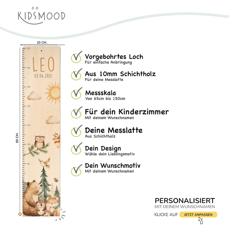 May include: A wooden growth chart measuring 20 cm wide and 90 cm tall, featuring a printed scale from 65 cm to 150 cm. The board displays the name LEO, a date, and illustrations of a sun, clouds, an owl, a bear, and a fox.