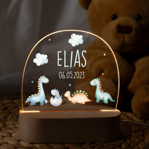 Nachtlicht personalisiert mit Namen, LED-Lampe Dino für Kinderzimmer, Babygeschenk Geburt, Taufgeschenk, Nachtlampe Geburt, geschenk junge