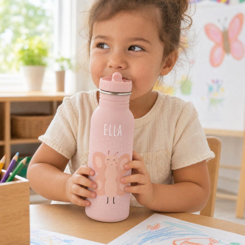 Bär-Trinkflasche für Kinder mit Wunschname graviert, robuster Edelstahl mit Trageschnur