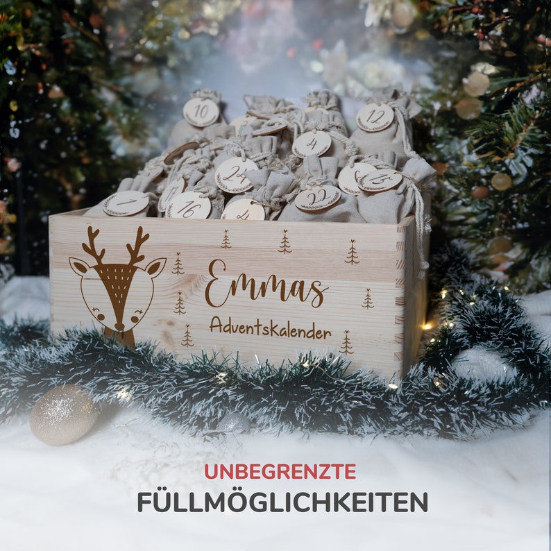 Personalisierter Adventskalender mit Name, Weihnachten, Adventskalender aus Holz, Advent, Jutesäckchen, Adventskiste zum befüllen, Kinder Bild 4