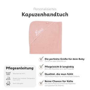 K&ouml;nnte beinhalten: Ein hellrosa Kapuzenhandtuch f&uuml;r Babys mit dem Namen "Lara" in Wei&szlig; gestickt. Das Handtuch hat Pflegehinweise und Text auf Deutsch. Das Handtuch ist in zwei Gr&ouml;&szlig;en erh&auml;ltlich: 75x75 cm oder 100x100 cm.
