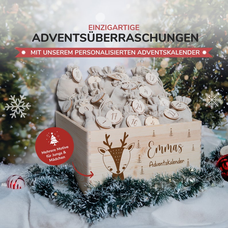 Personalisierter Adventskalender mit Name, Weihnachten, Adventskalender aus Holz, Advent, Jutesäckchen, Adventskiste zum befüllen, Kinder Bild 3