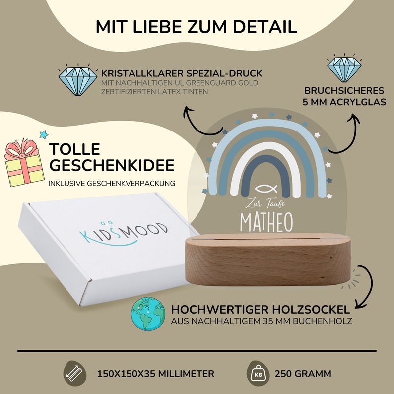 May include: A wooden stand with a rainbow design and the text "Zur Taufe MATHEO". The stand is 150x150x35 millimeters and weighs 250 grams. It is made of sustainable beech wood and features a 5 mm acrylic glass panel with a crystal-clear print.