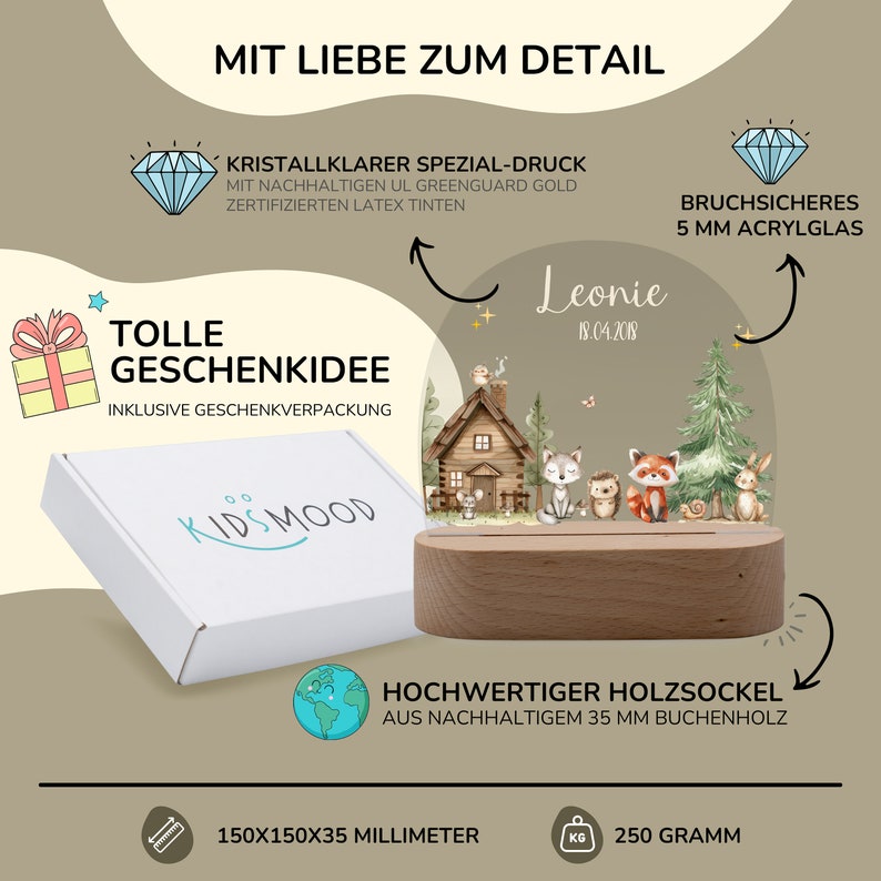 Personalisierte Kinderzimmer LED-Lampe mit Waldtieren, Nachhaltiges Acryl Nachtlicht, Geschenk zur Geburt oder Taufe, Made in Hamburg Bild 5