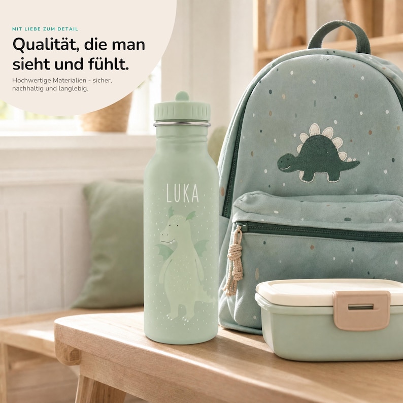 Edelstahl Trinkflasche für Kinder in Pastellfarbe mit Trixie Tiermotiv und individueller Namensgravur