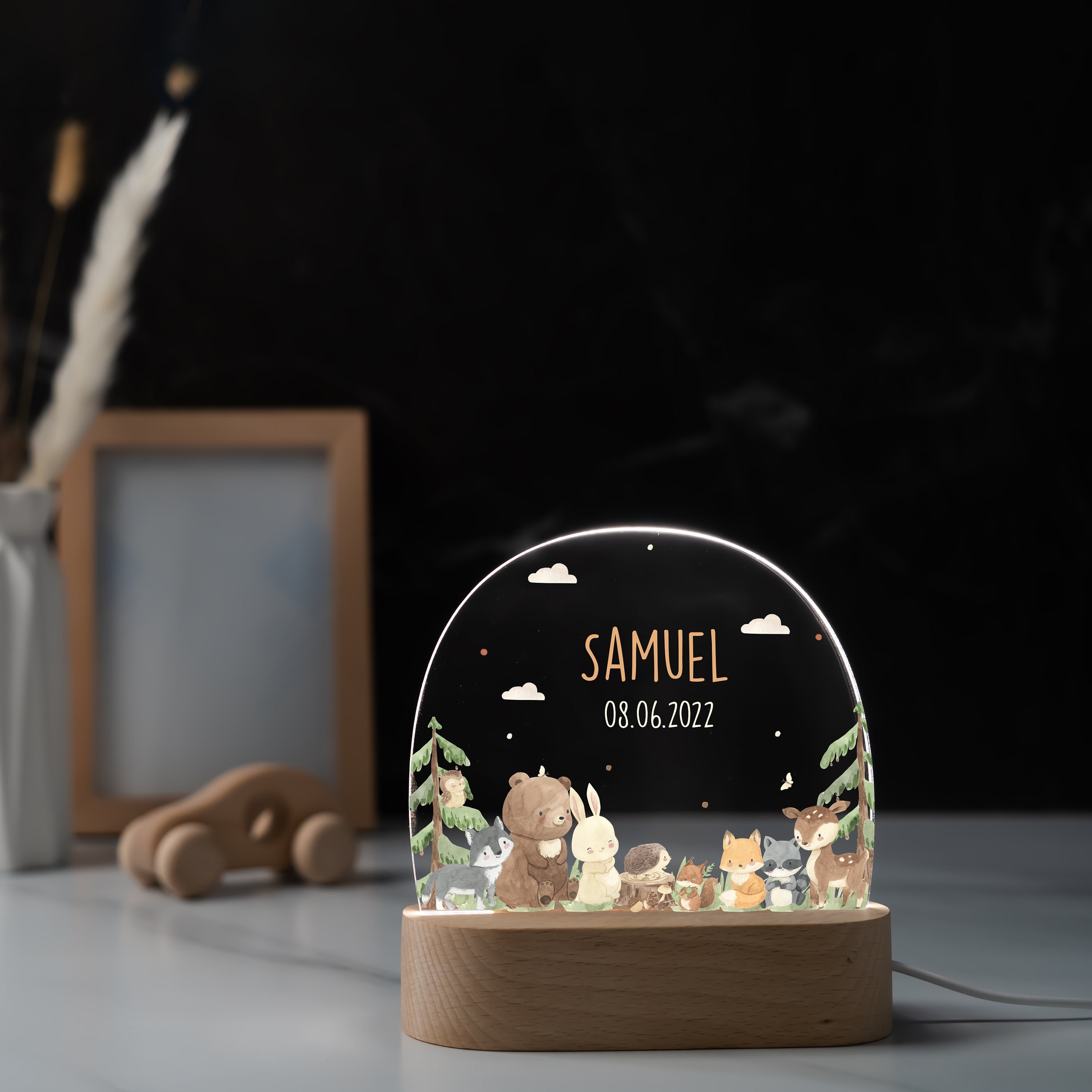 Acrylic night lamp forest animals, baby gift birth, christening gift, children's room, birthday gift, bedside lamp, night light, baby