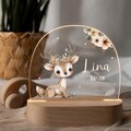 Personalized children&#39;s night lamp &quot;Fawn&quot; with flower wreath - Individual gift for birth/baptism, LED, acrylic & beech wood