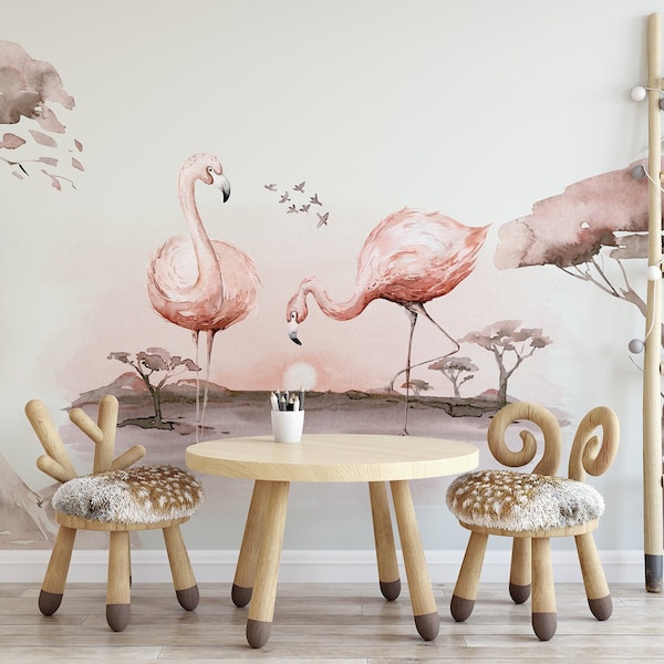 Fototapete, Vließtapete, selbstklebend, Kindertapete Safari, Flamingo, Afrika, Sonnenuntergang, Wanddekoration Kinderzimmer, Wand Design