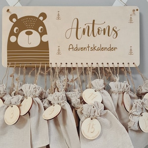 Calendario dell'Avvento personalizzato con nome, Natale, calendario dell'Avvento in legno, Avvento, sacchetto di juta, calendario dell'Avvento da riempire, bambini