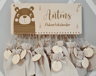 Gepersonaliseerde adventskalender met naam, Kerstmis, adventskalender gemaakt van hout, advent, jutezakken, adventskalender om te vullen, kinderen