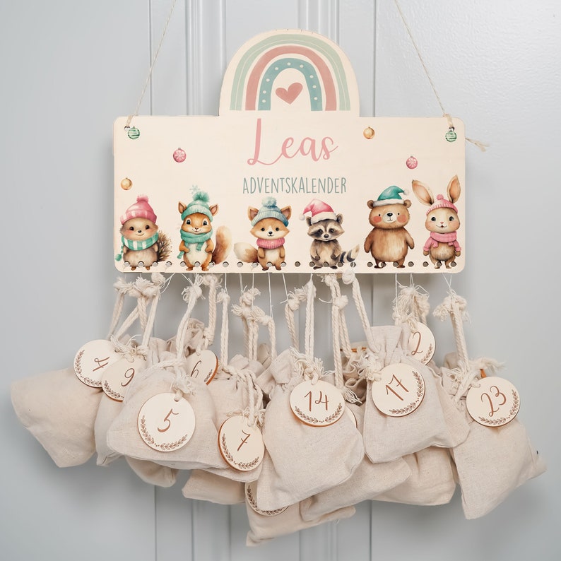 Gepersonaliseerde adventskalender met naam, Kerstmis, houten adventskalender, advent, jute tas, adventskalender om te vullen, kinderen afbeelding 1