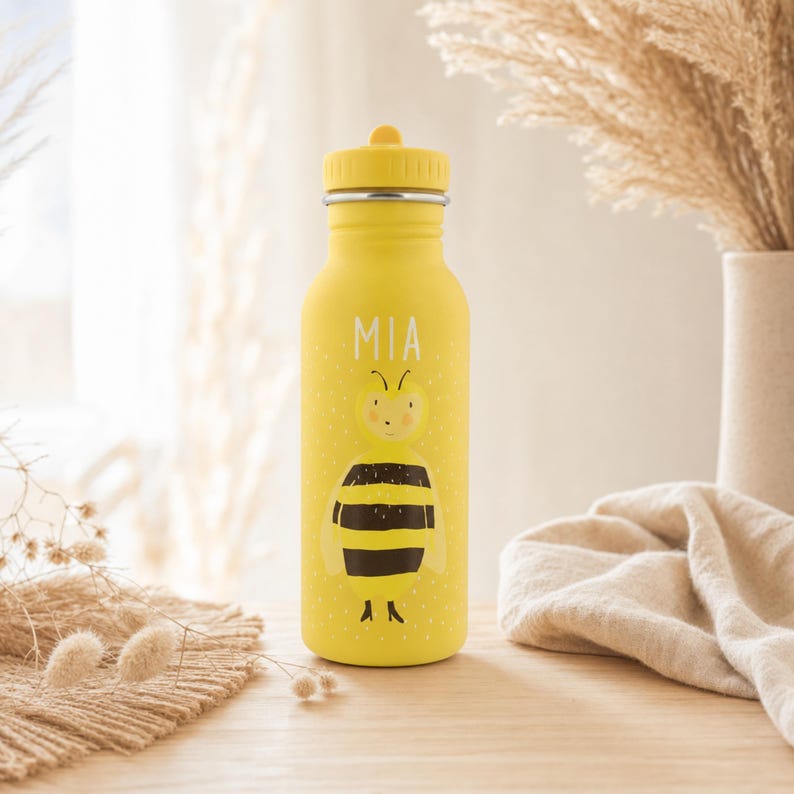 Personalisierte Kinder-Wasserflasche aus Edelstahl mit Tiermotiv, Geschenkidee zur Einschulung