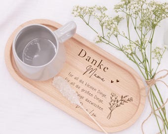 Holztablett personalisiert mit Namen, Muttertagsgeschenk Mama, Danke Geschenk, Frühstücksbrett graviert, Serviertablett aus Buchenholz
