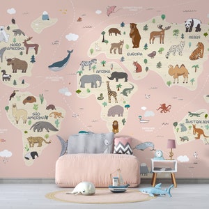 Vliesbehang, fotobehang, zelfklevend behang, kinderwereldkaart, behang, kinderkamer, wereldkaart, wanddecoratie, wanddesign, muurschildering,