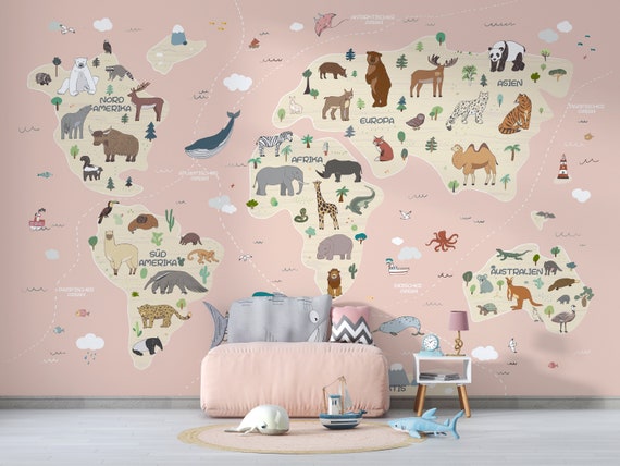 Vließtapete, Fototapete, selbstklebende Tapete, Kinder Weltkarte, Wallpaper, Kinderzimmer, Worldmap, Wanddeko, Wandgestaltung, Wandbild,